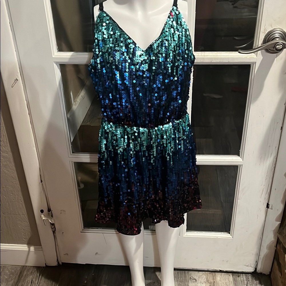 Sequin V-Neck Dress in Blue and Green
